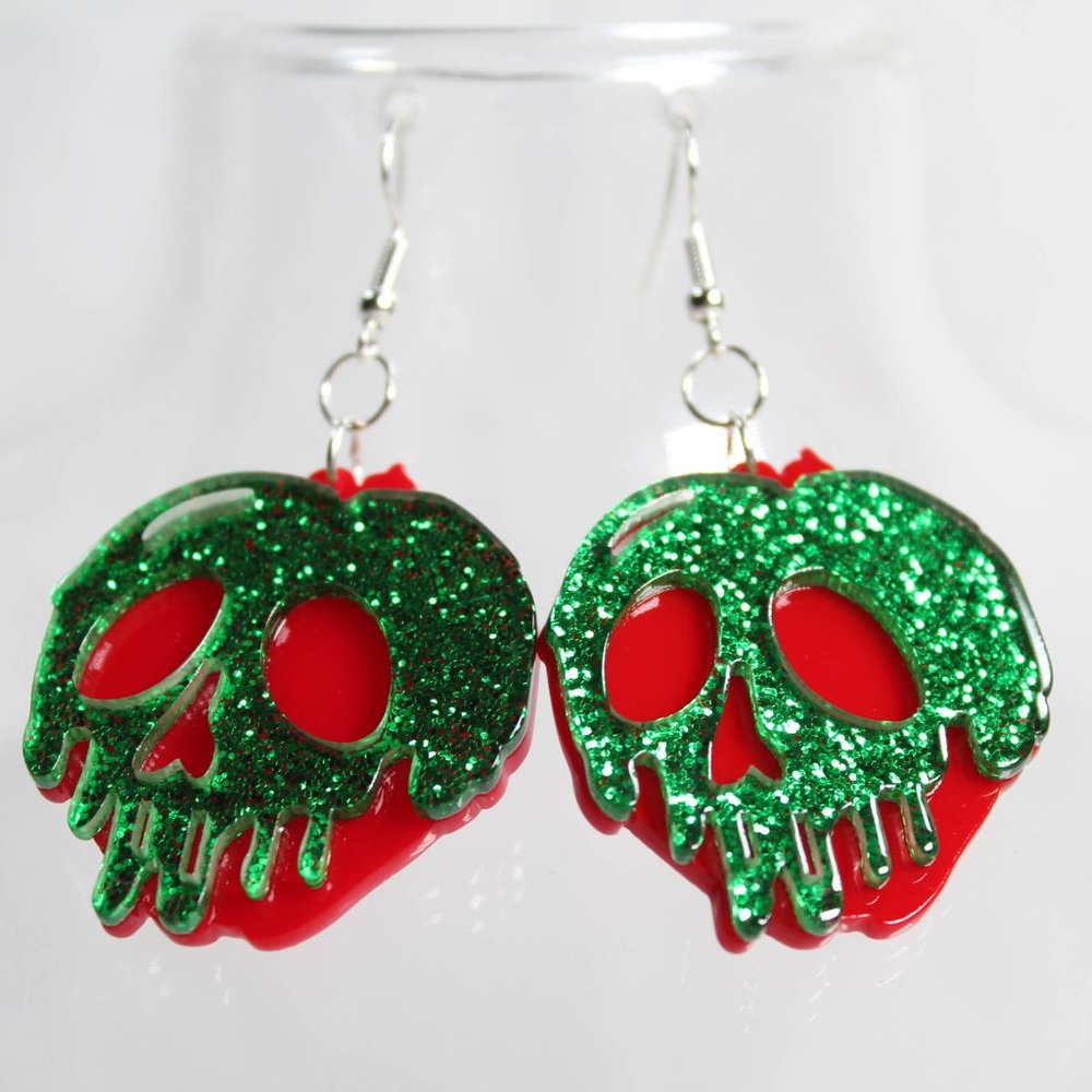 Witch Poison Apple Red and Green Glitter Acrylic Earrings w/ Hypoallergenic Hook